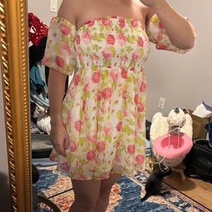 Betsey Johnson Floral Off-Shoulder Dress - Pink and Yellow